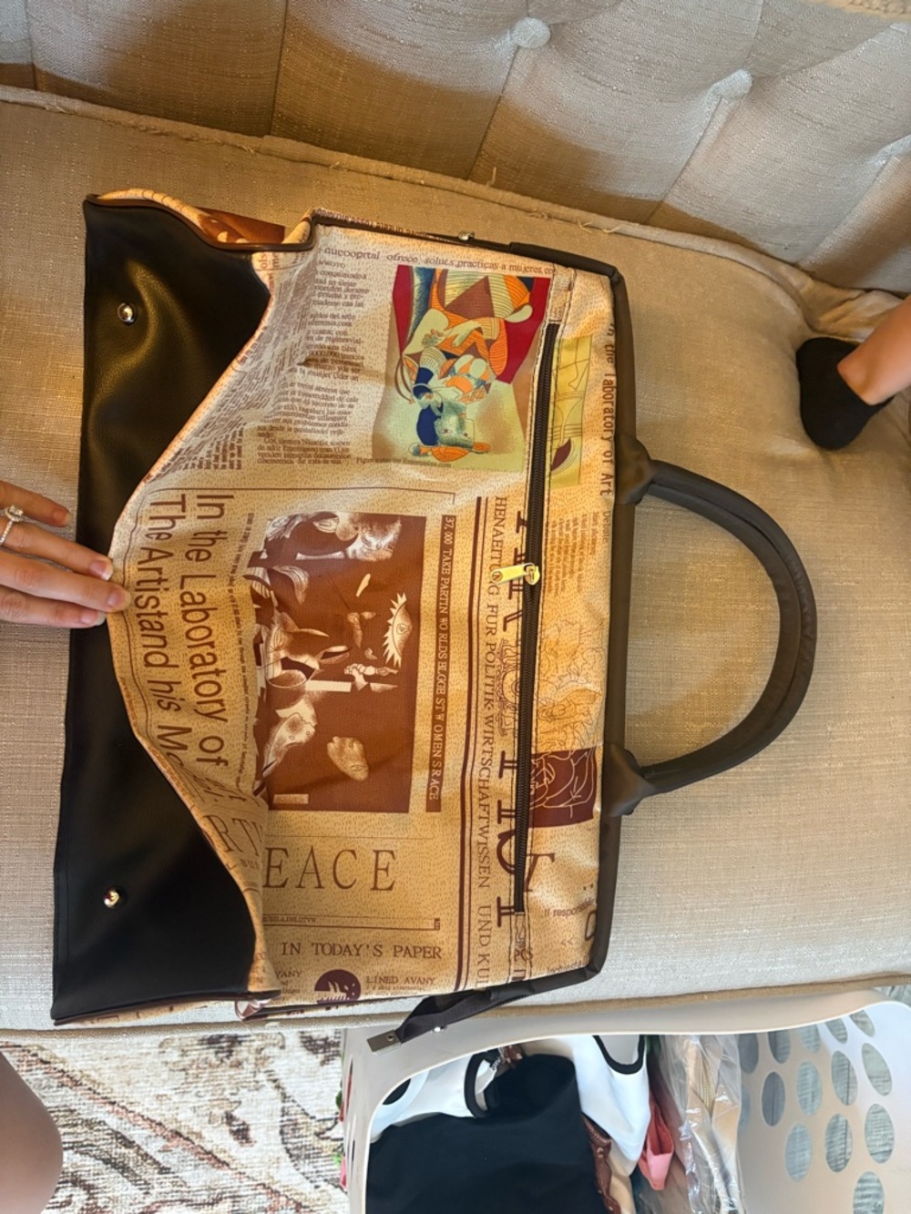 SHEIN Beige and Black Newspaper-Print Tote Bag